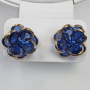 *4/$20* Blue crystals rimmed in gold with a blue crystal center flower earrings